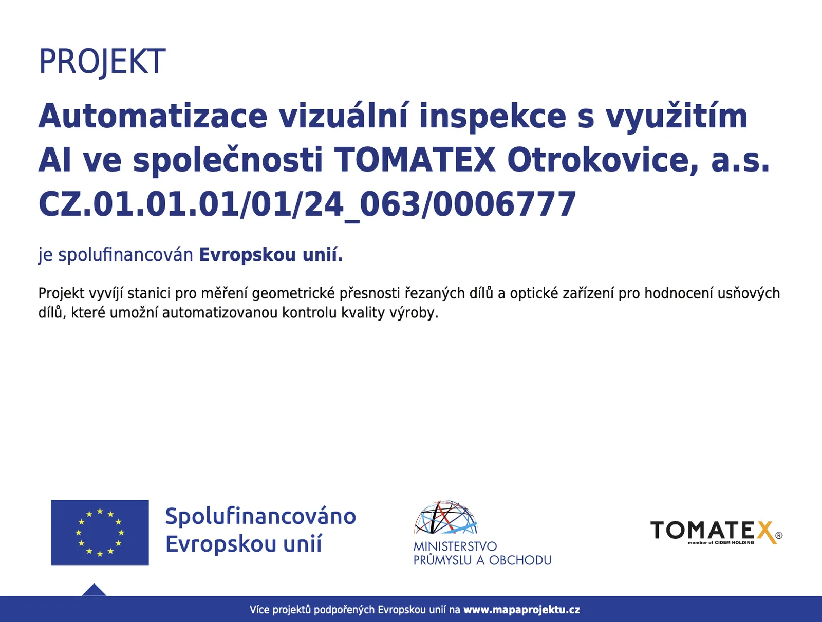Informační plakát projektu Automatizace vizuální inspekce s využitím AI