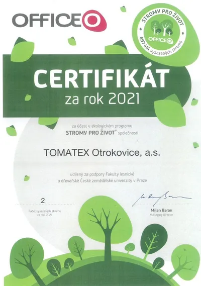 Certifikát programu Stromy pro život za rok 2021