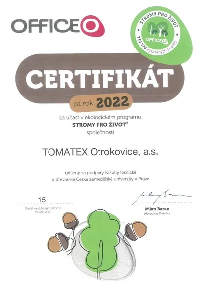 Certifikát programu Stromy pro život za rok 2022